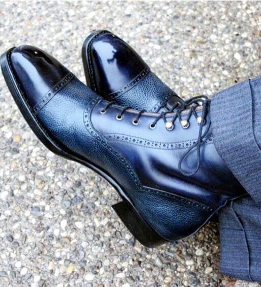 Men's Blue Pebbled Leather Ankle High Boots