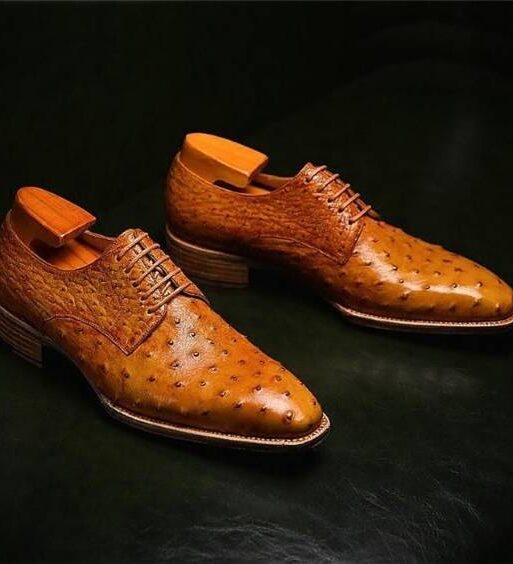 Handmade Men's Tan Derby Ostrich Leather Shoes