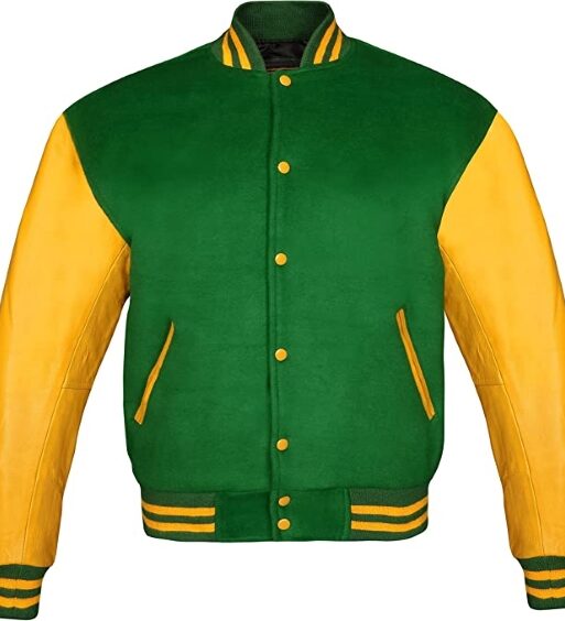 Men's Green & Yellow Varsity Baseball Bomber Leather Jacket