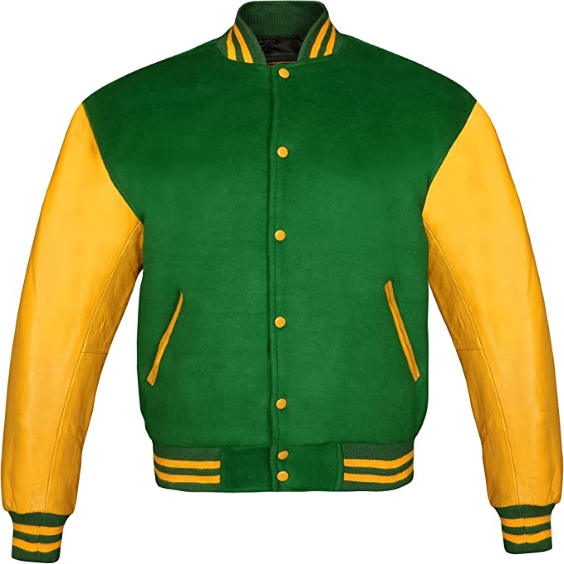 Men's Green & Yellow Varsity Baseball Bomber Leather Jacket