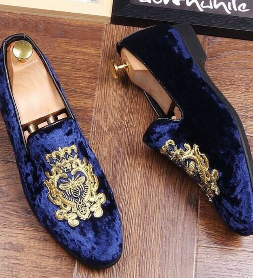 Handmade Men's Blue Embroidered Velvet Luxury Loafers
