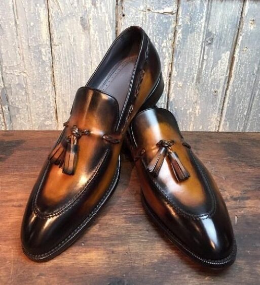 Handmade Men's Brown Patina Leather Tassel Loafers