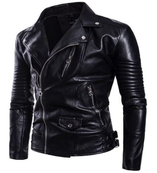 Black Leather Side Zipper Biker Jacket