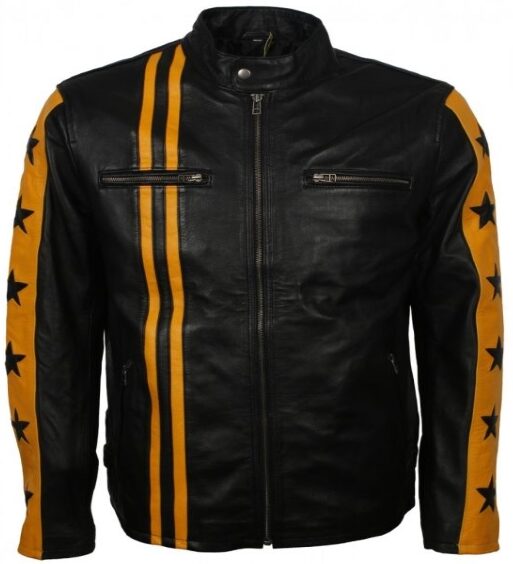 Yellow & Black Stars Striped Leather Jacket