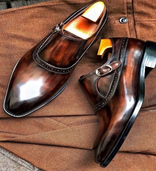 Men's Brown Patina Leather Monk Style Derby Shoes