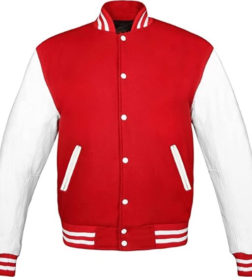 Men's Red & White Varsity Baseball Bomber Leather Jacket