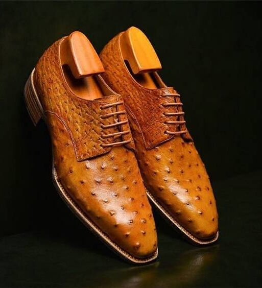 Handmade Men's Tan Derby Ostrich Leather Shoes
