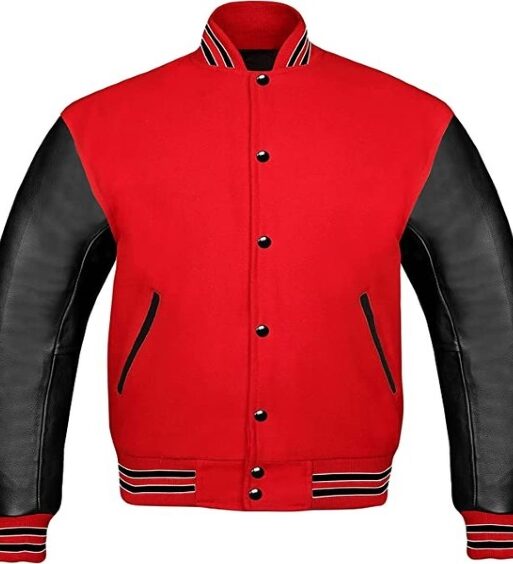 Men's Red & Black Varsity Baseball Bomber Leather Jacket