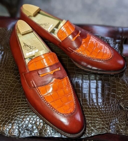 Men's Two Tone Tan Brown Alligator Leather Penny Loafers - US 11.5/ UK 11/ EUR 44-45